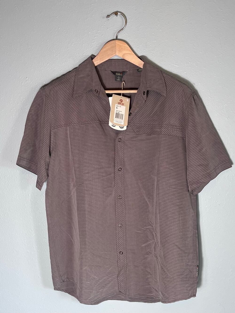 Royal Robbins Sz L Desert Traveler UPF 25 Short Sleeve Snaps Shirt Taupe New